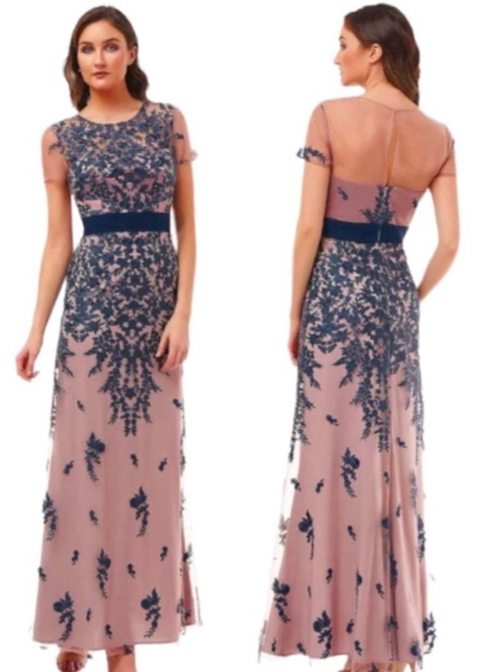 JS Collections Blush and Navy Embroidered Midi Dress
